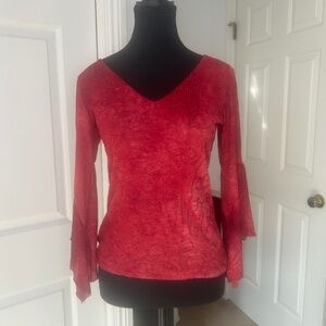 Hailee Red Shirt with Glitter Swirls, V Neck and 3/4 Sleeves Size L